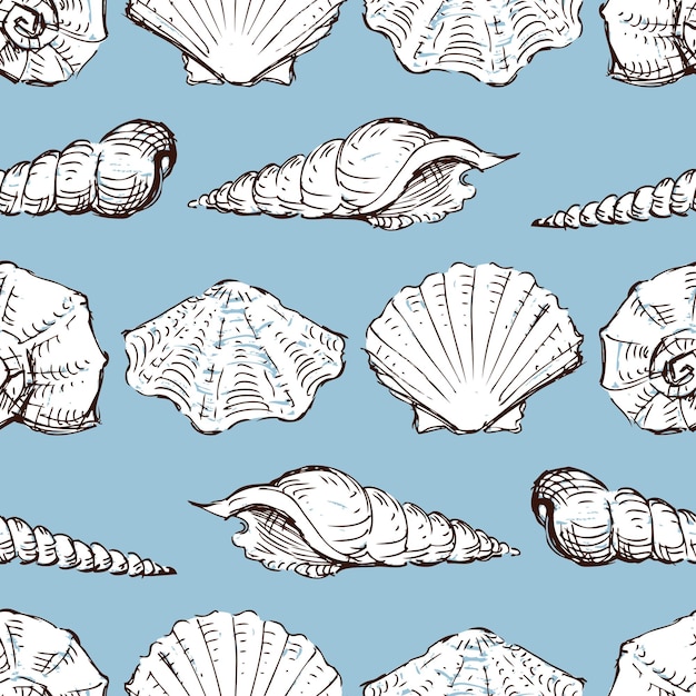 Seamless background of sketches various seashells