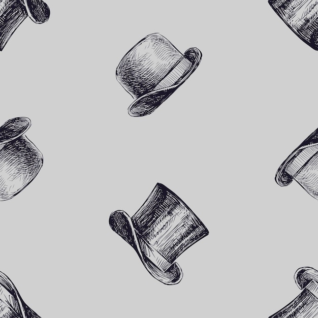 Seamless background of sketches vintage male hats