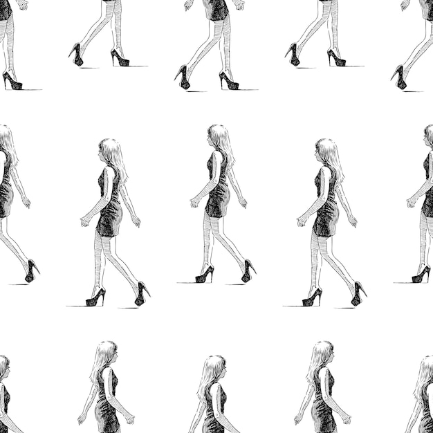 Seamless background of sketches of a walking slim young woman