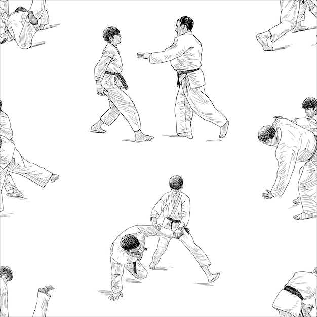 Seamless background of sketches wrestling coach with student in gym