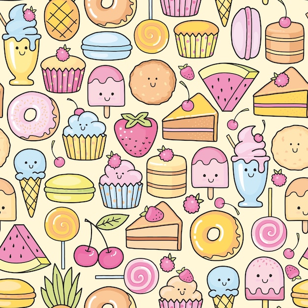 Seamless background of sweet and dessert doodle cake sweet donat cookies and macaron