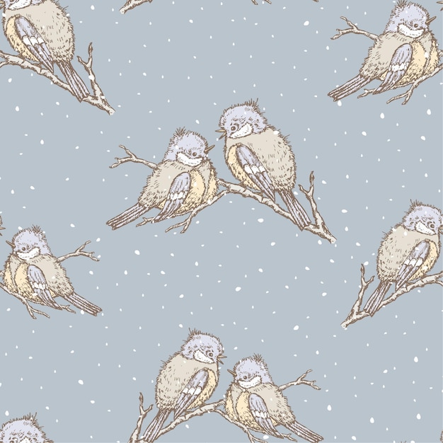 Seamless background of titmouses in winter