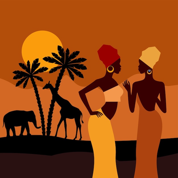 Vector seamless background tropical landscape beautiful black woman african savannah