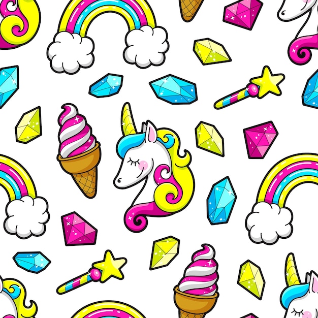 seamless background of  Unicorns, rainbows and crystals. Vector illustration