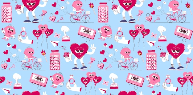 Seamless background for Valentine's Day Vector pattern in retro style of the 70s 80s Cute cupid