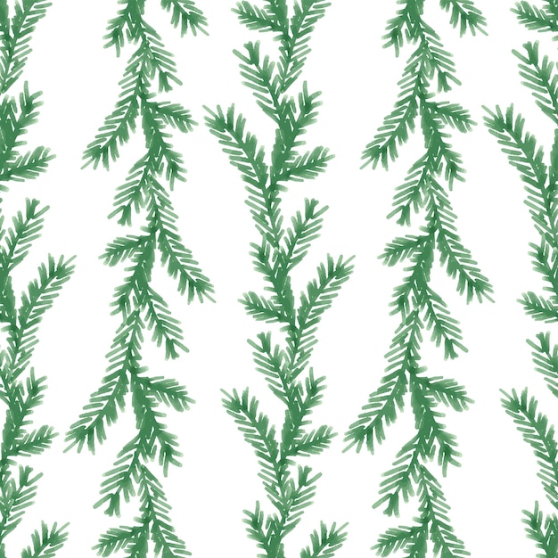 Seamless background of watercolor hand drawings green christmas tree branches in rows