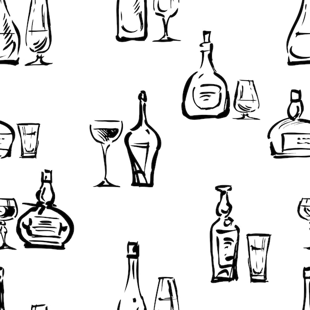 Seamless background of the wine glasses and bottles