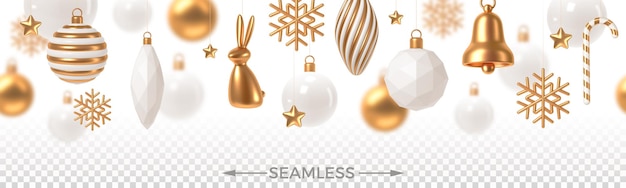 Vector seamless background with 3d render christmas white and gold baubles and decorations