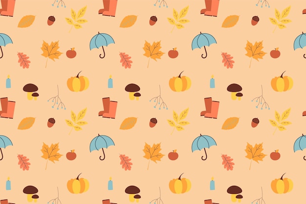 Seamless background with autumn leaves, pumpkin, umbrella pattern