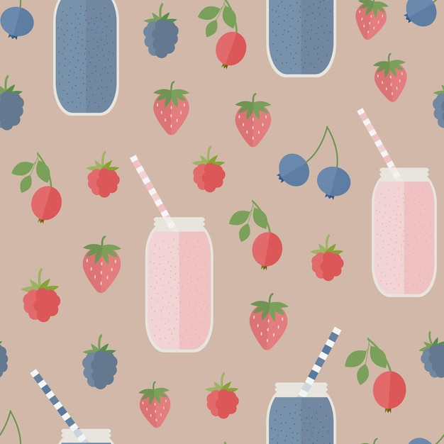 Seamless background with berries and smoothies in flat. Vector illustration