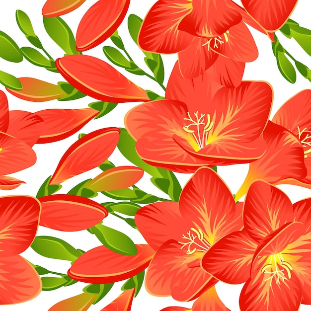 Seamless background with blooming red freesia in vector