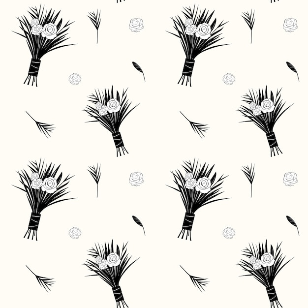 Vector seamless background with bouquet and leaves monochrome floral pattern hand drawn botanical wallpaper