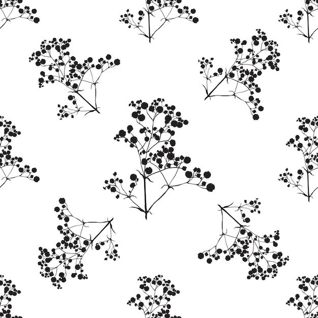 Seamless background with branches of beautiful handdrawn silhouette gypsophila