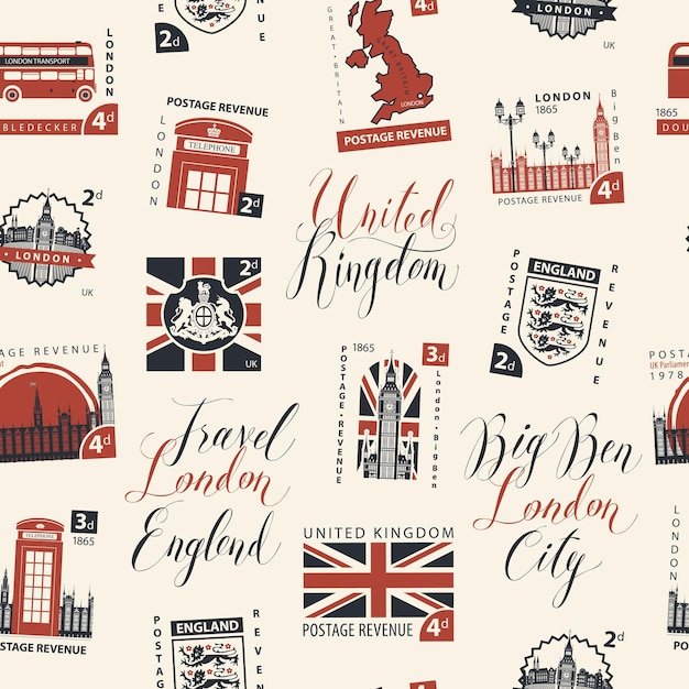 Vector seamless background with british postage stamps