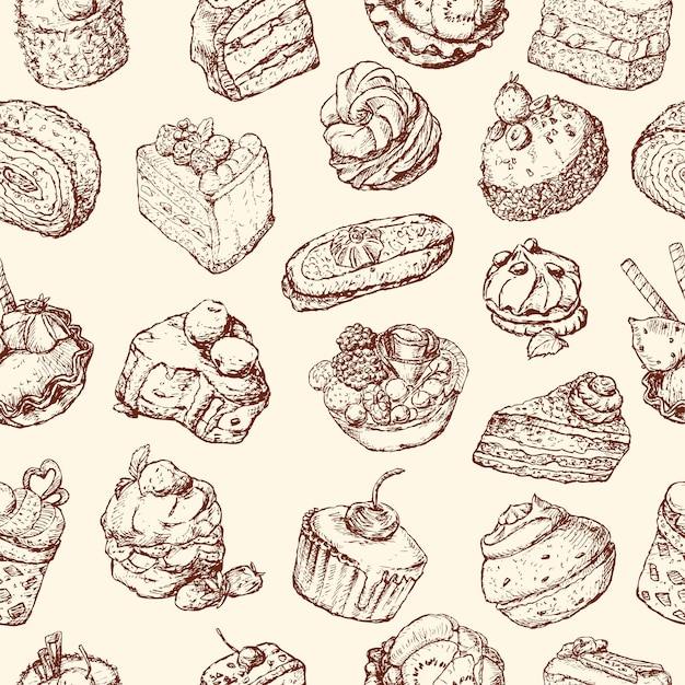 Seamless background with cakes sketches
