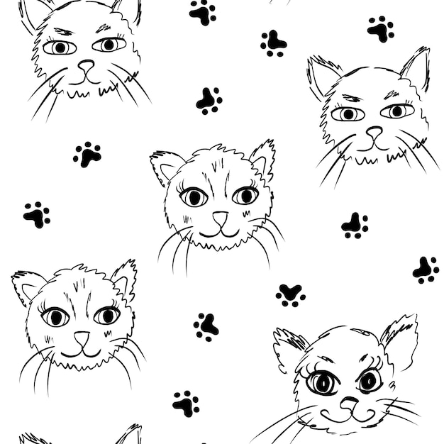 Vector seamless background with cat face and footprint in doodle style