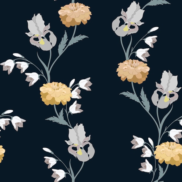 Seamless background with chrysanthemums iris and campanula on a black background