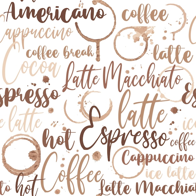 seamless background with coffee spots and lettering of coffee cappuccino latte and other