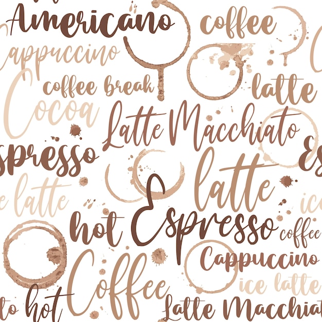 Vector seamless background with coffee spots and lettering of coffee cappuccino latte and other