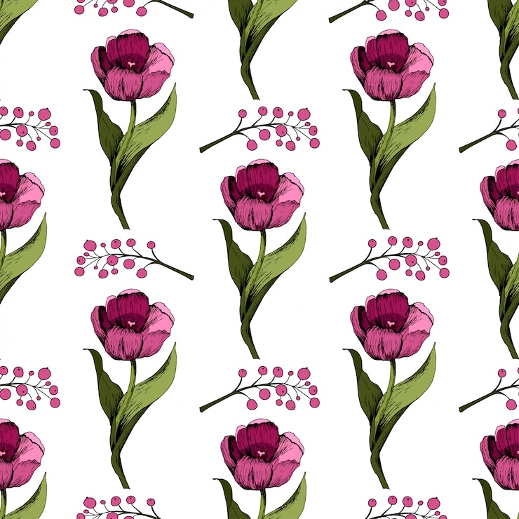 Vector seamless background with colored pink tulips