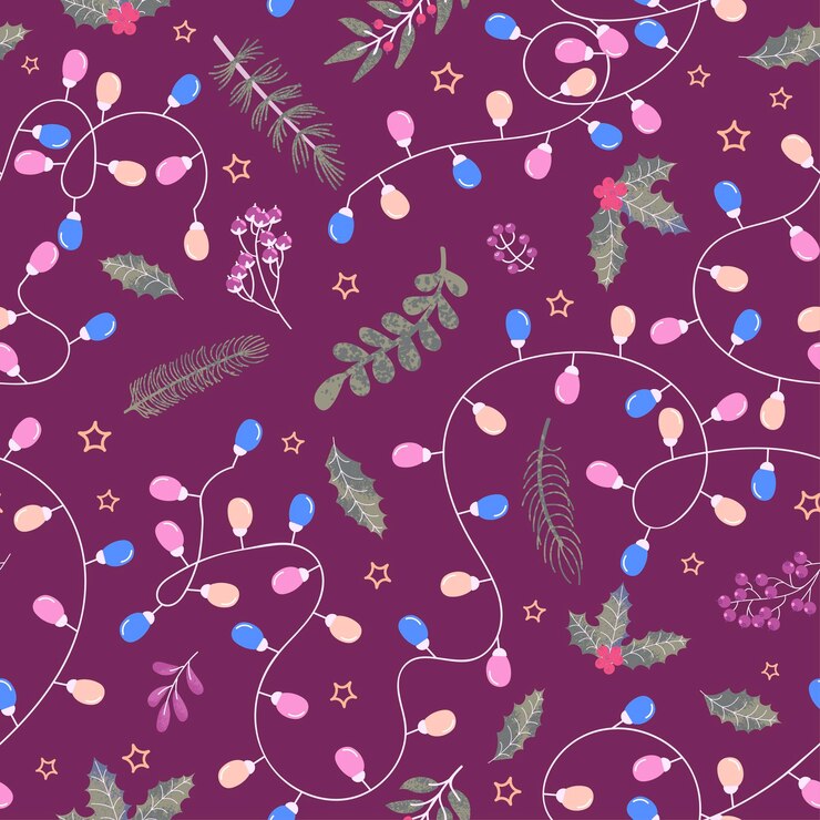 Vector seamless background with colorful hand draw illustration of christmas holly