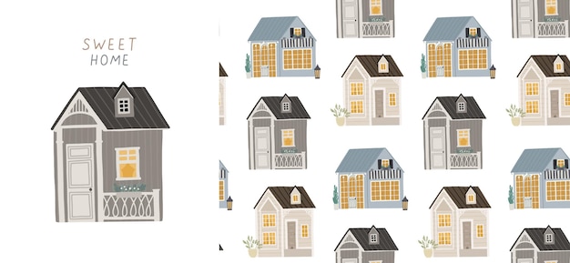 Vector seamless background with cute houses. illustration for children.