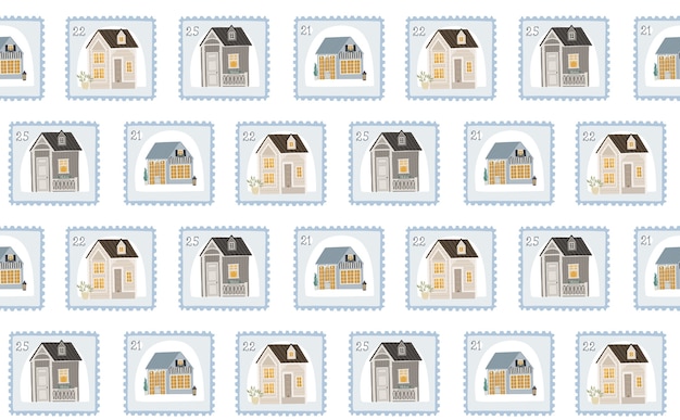 Вектор Бесшовный фон с милыми почтовыми марками и домами, иллюстрация для детей.