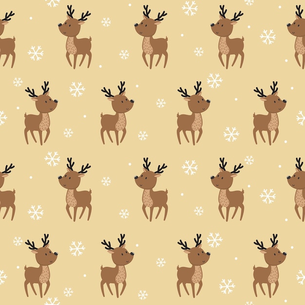 Seamless background with cute reindeer on looks craft brown paper background