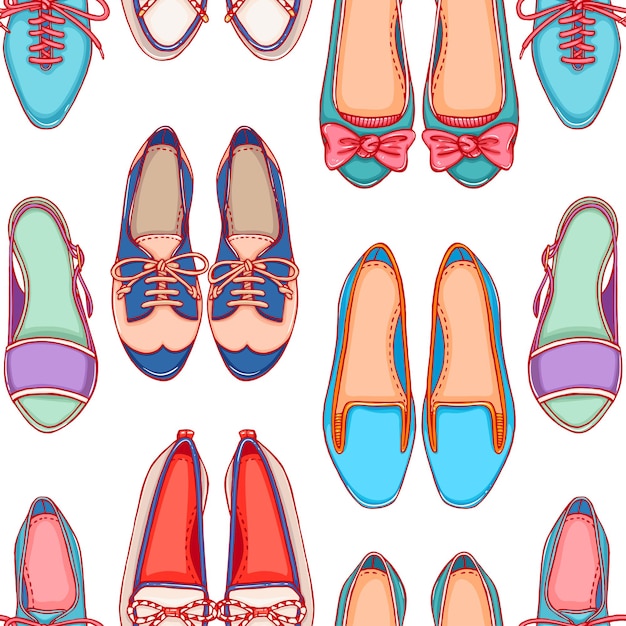 Seamless background with different colored shoes on a white background