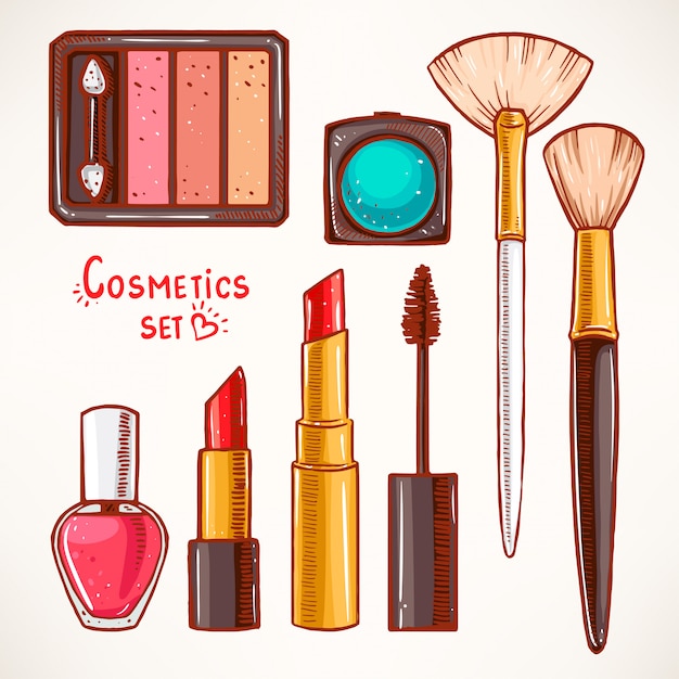 Seamless background with different decorative cosmetics. lipstick, nail polish, eye shadow