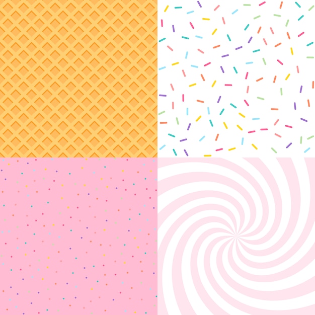 Vector seamless background with donut and ice cream glaze, confetti, waffle.