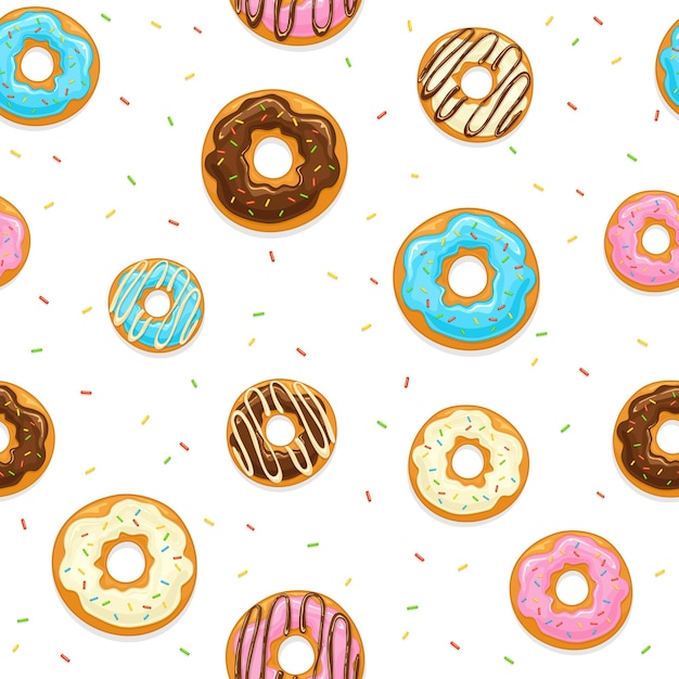 Seamless background with donuts with glaze and colorful sprinkles isolated on white background, illustration.