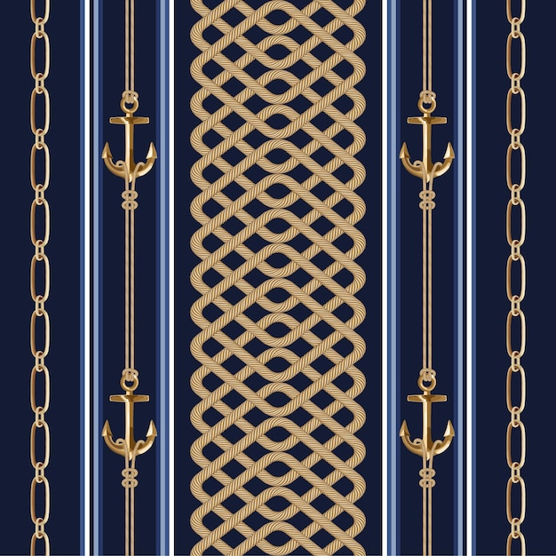 Seamless background with gold chains anchors rope