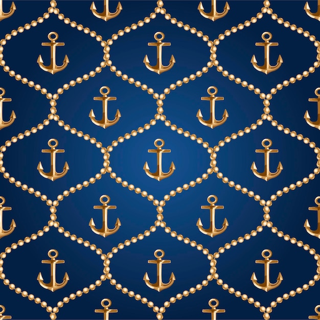 Vector seamless background with gold chains grid and anchors