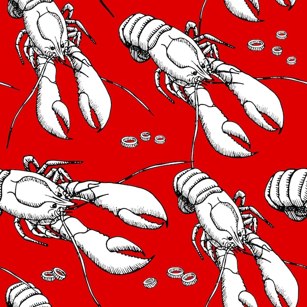 Вектор Бесшовный фон с графическим рисунком омаров омары на красном фоне тема кулинарии и морепродуктов векторная иллюстрация