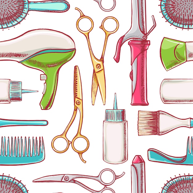 Seamless background with hairdressing equipment. hand-drawn illustration