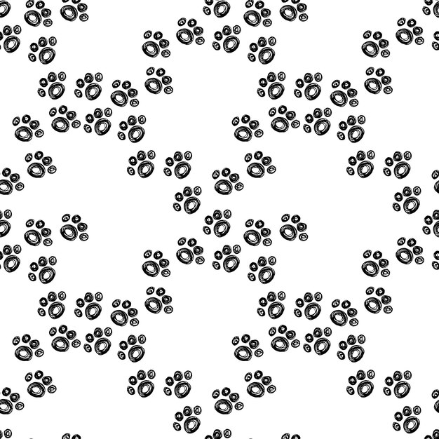 Vector seamless background with hand drawn footprints of cat paws wrapping paper ink backdrop pattern