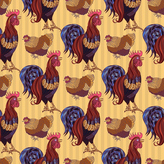 手描きのオンドリ鶏と鶏とのシームレスな背景