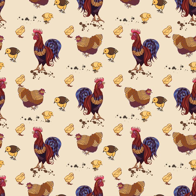 Vector seamless background with hand drawn rooster hens and chickens