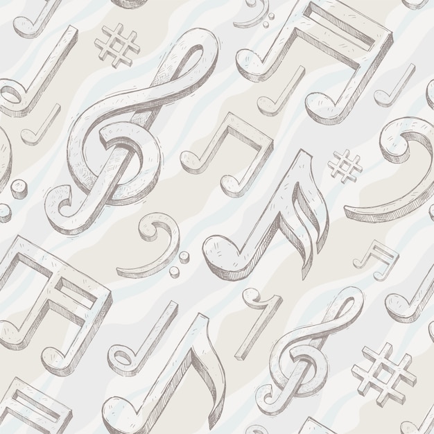 Vector seamless background with hand drawn treble clef and notes