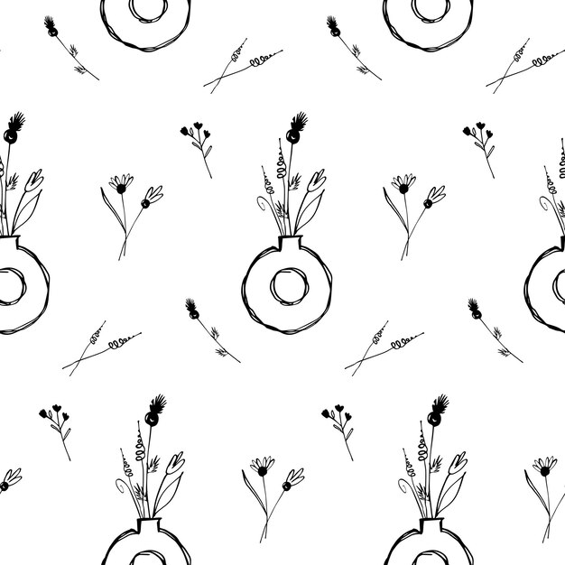 手描きの花瓶と花のシームレスな背景 輪郭インクのシルエットのパターン