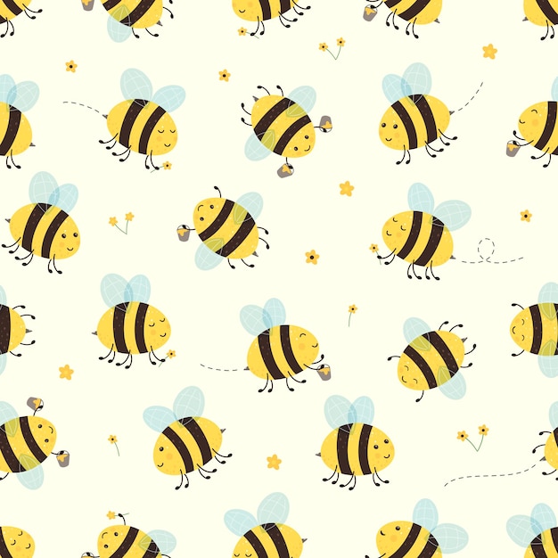 Seamless background with happy flying bees. Cute bees collect flowers and honey. Cartoon illustration can be used for children's clothing or things design, backgrounds, wrapper, wallpaper, banners.