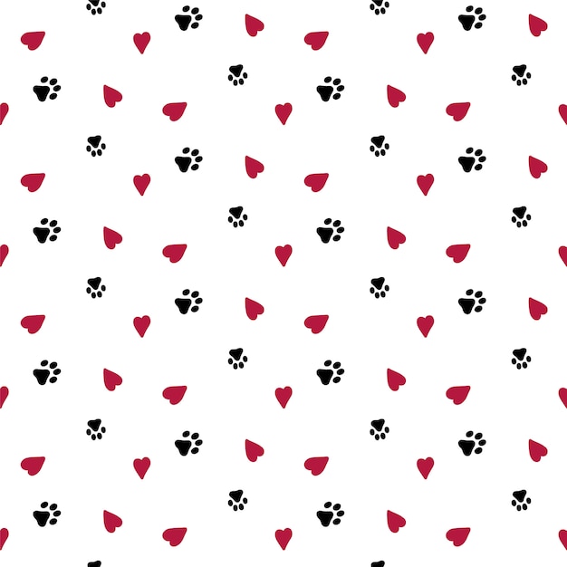 Vector seamless background with hearts and dog footprint.