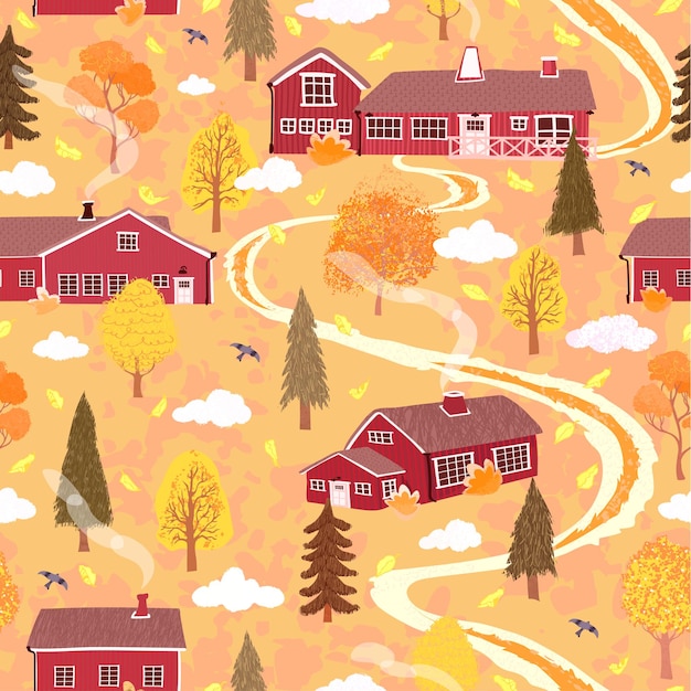 Seamless background with illustration of autumn landscape with a house in the scandinavian style