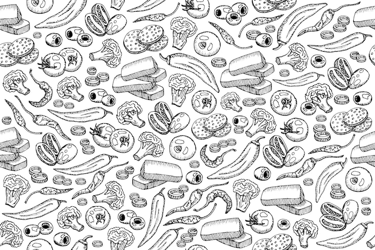 Seamless background with ingredients for cooking Vector black background with hand drawn contour white drawings of products