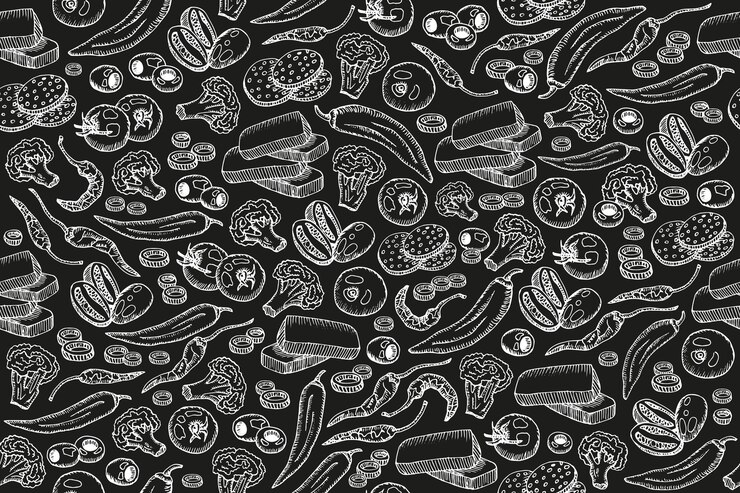 Seamless background with ingredients for cooking Vector black background with hand drawn contour white drawings of products