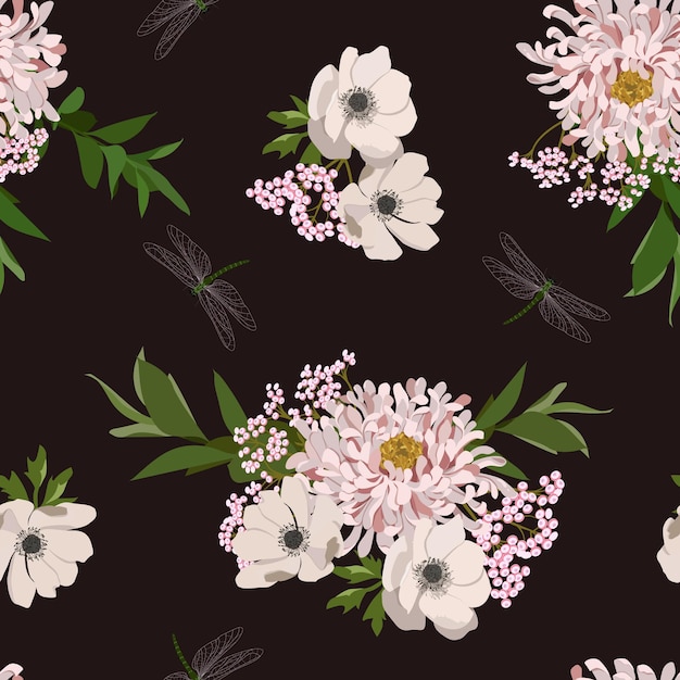 Seamless background with Japanese chrysanthemums and anemone on a dark background For decoration textile packaging wallpaper Vector illustration