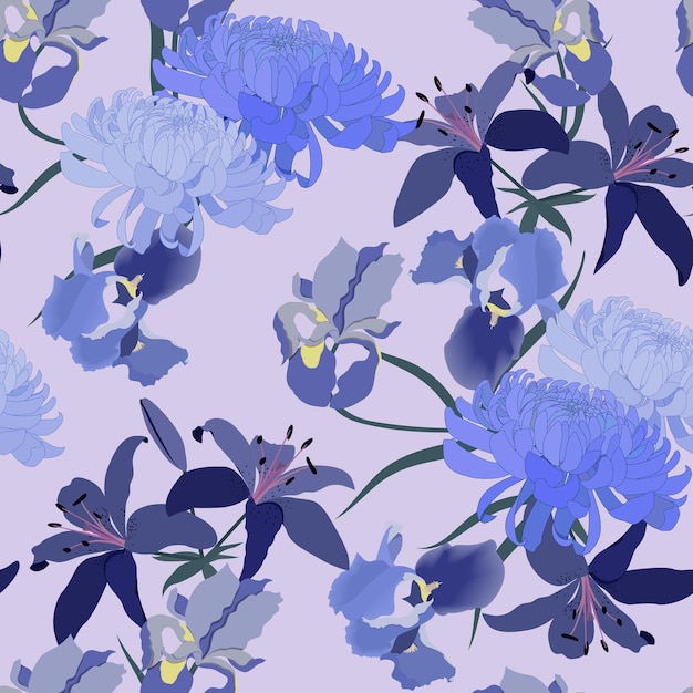Seamless background with Japanese chrysanthemums iris and lily on blue background