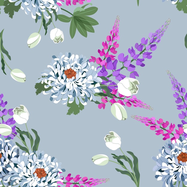 Seamless background with japanese chrysanthemums and lupine for decoration textile packaging wallpaper vector illustration