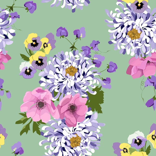 Seamless background with Japanese chrysanthemums and pansies on a green background For decoration textile packaging wallpaper Vector illustration